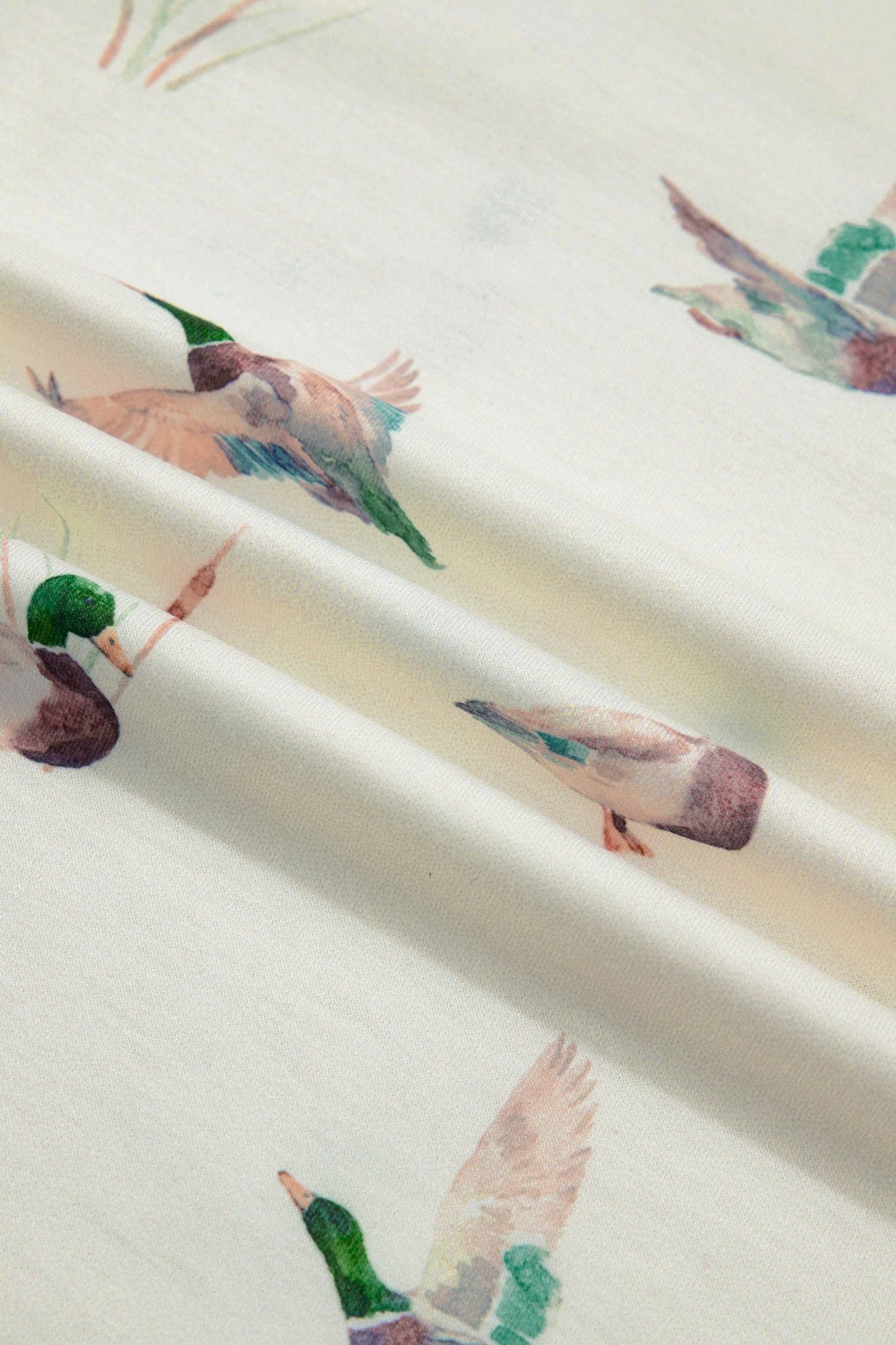 Fabric with colorful bird pattern on a white background