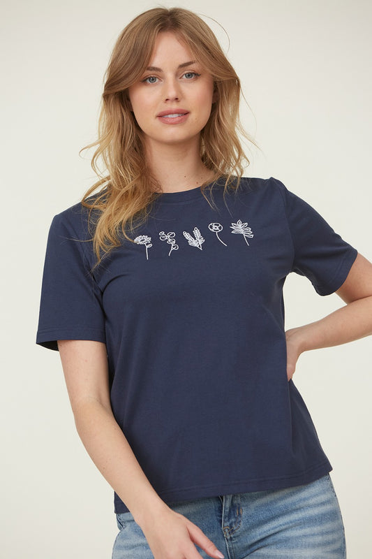 Woman wearing Navy Blue floral embroidered top 