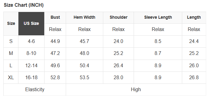 Size chart for clothing measurements in inches with US size categories.