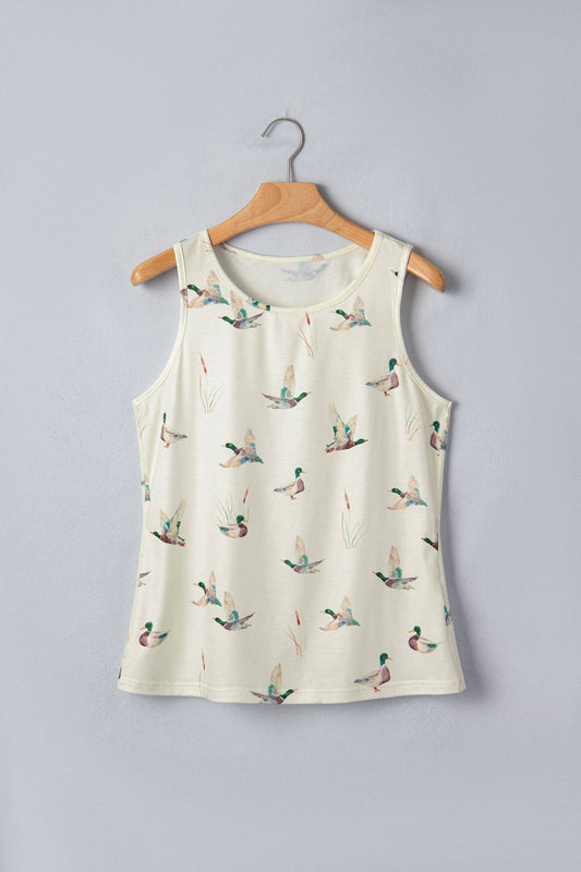 Sleeveless top with duck pattern on a hanger against a gray background