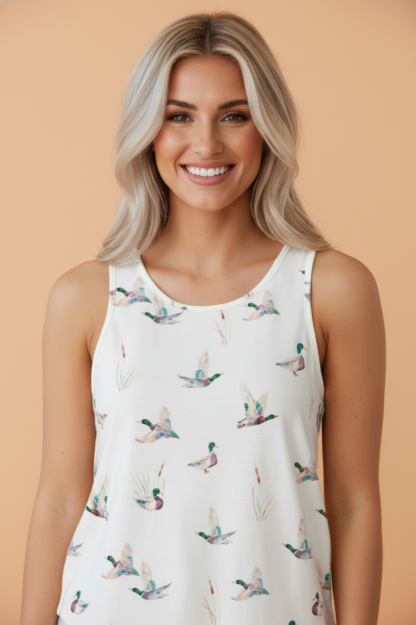 Woman wearing a sleeveless top with duck print against a beige background