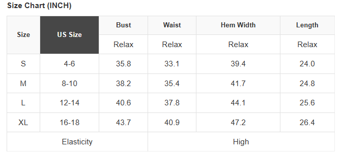 Size chart for clothing measurements in inches with US size labels.