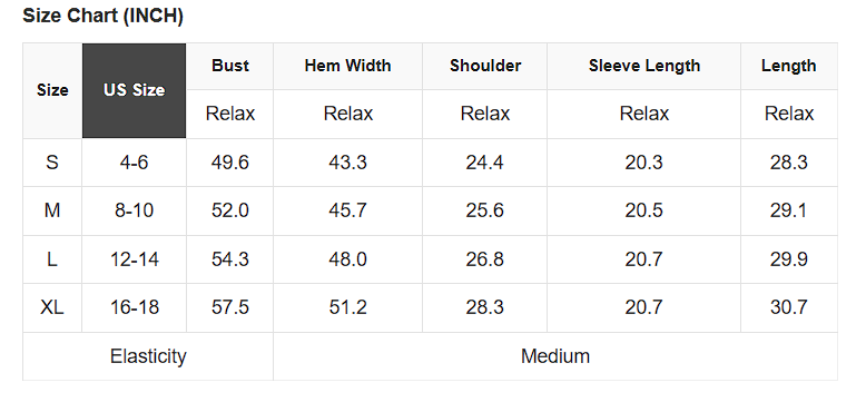 A size chart table in inches showing measurements for sizes S through XL, including bust, hem width, shoulder, sleeve length, and length, with elasticity noted as medium.