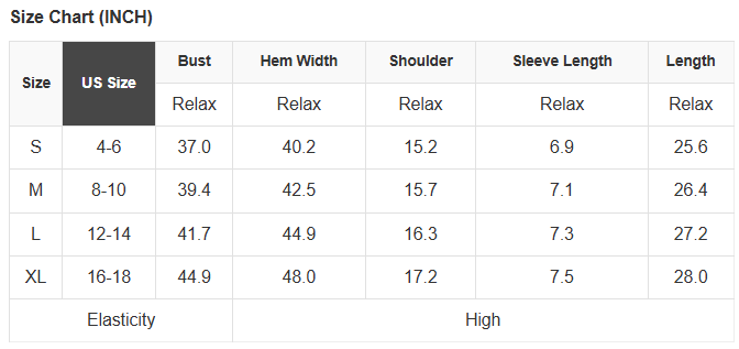 A size chart table in inches showing measurements for sizes S through XL, including bust, hem width, shoulder, sleeve length, and length, with elasticity noted as high.