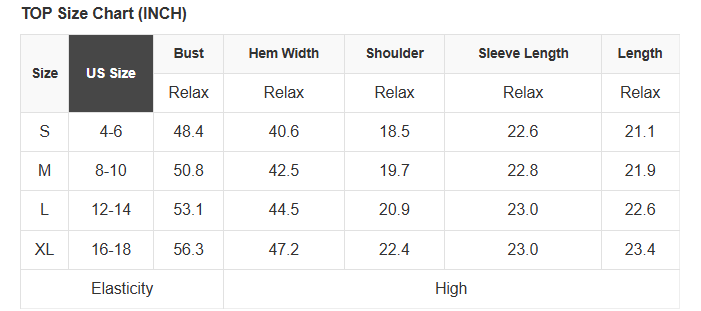 A size chart table titled 'TOP Size Chart (INCH)' showing US sizes S through XL with measurements for bust, hem width, shoulder, sleeve length, and length, plus a note about high elasticity.